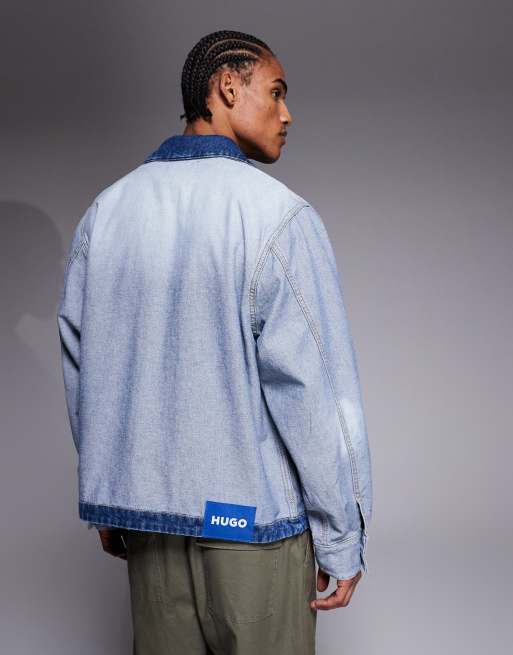 HUGO BLUE Talian zip through distressed denim jacket in light blue, 3 of 5