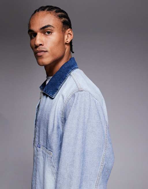 HUGO BLUE Talian zip through distressed denim jacket in light blue, 4 of 5
