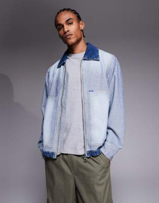Hugo Blue Talian Zip Up Distressed Denim Jacket In Blue