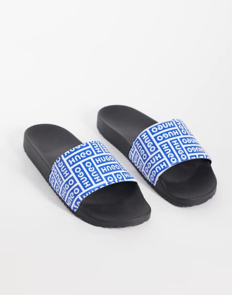 HUGO Blue Timein logo sliders in blue and black - view 1