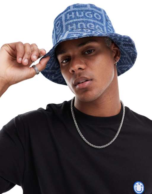 HUGO Blue Unisex – Kapelusz typu bucket we wzór z logo na całej powierzchni