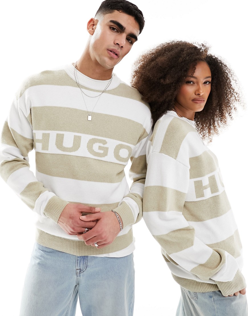HUGO BLUE unisex logo knitted jumper in beige stripe-Neutral