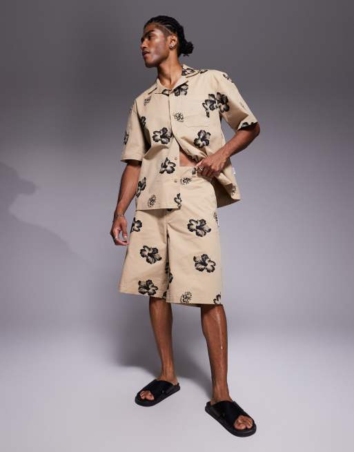 HUGO Blue – Weite Shorts in Braun mit Blumenprint, Kombiteil 