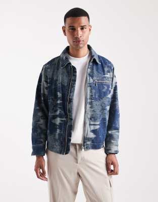 HUGO Blue Wylie indigo camo zip front denim jacket in mid blue