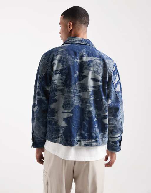 Hugo Blue Wylie indigo camo zip front denim jacket in mid blue wash, 3 of 5
