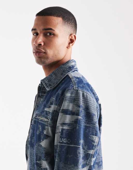 Hugo Blue Wylie indigo camo zip front denim jacket in mid blue wash, 4 of 5