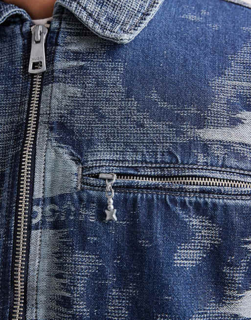 Hugo Blue Wylie indigo camo zip front denim jacket in mid blue wash, 5 of 5