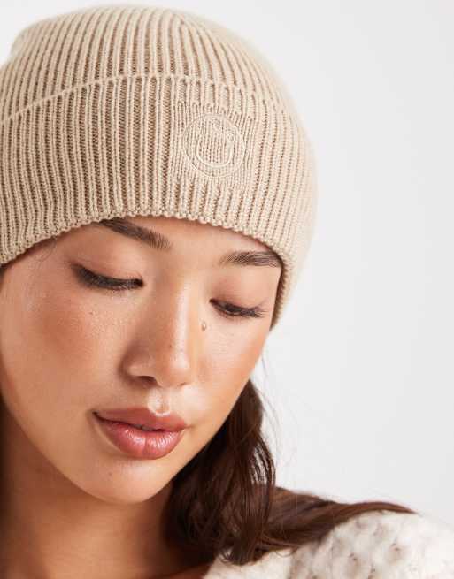 HUGO BLUE Xafon tonal logo knit beanie in beige, 2 of 3