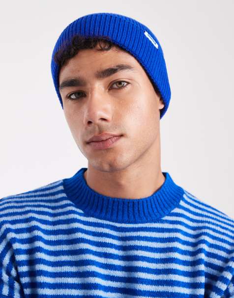 HUGO Blue Xiav label logo knit beanie in open blue - view 1