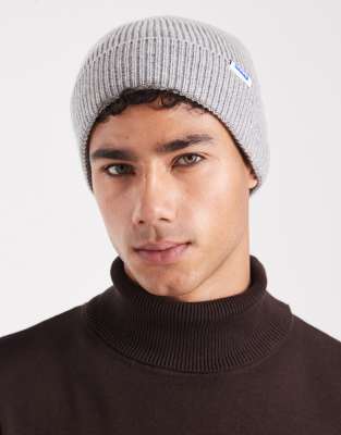 HUGO BLUE Xiav label logo knit beanie in open gray | ASOS