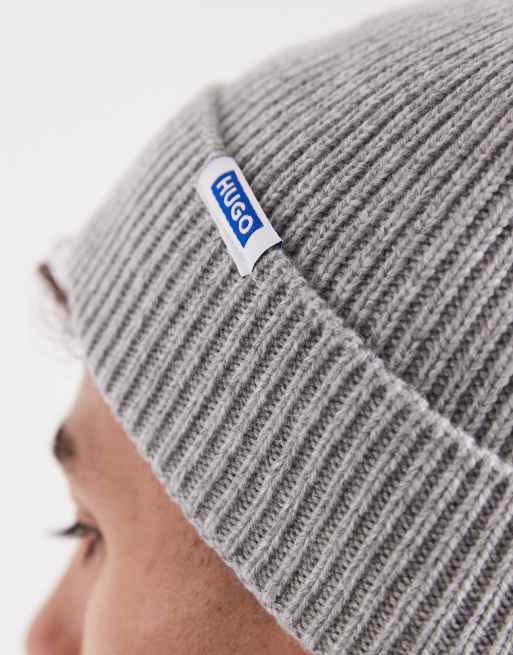 HUGO Blue Xiav label logo knit beanie in open grey, 2 of 3