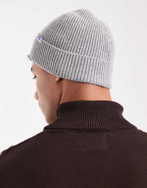 HUGO Blue Xiav label logo knit beanie in open grey, 3 of 3