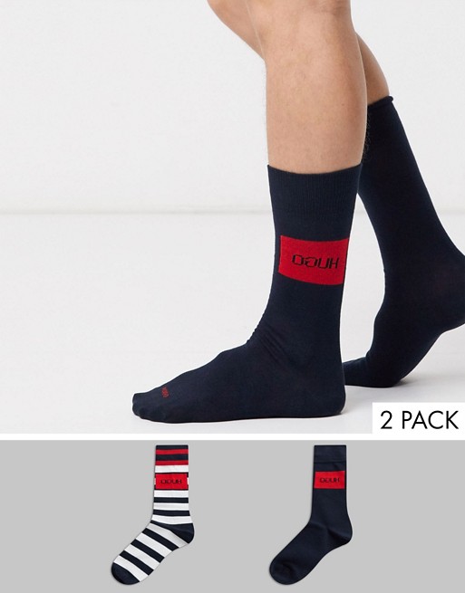 HUGO bodywear 2 pack logo stripe socks in navy