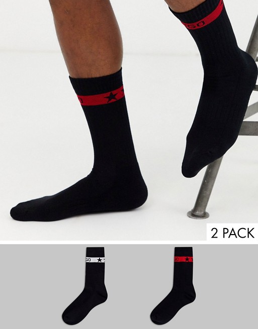 HUGO bodywear 2 pack rib socks with logo detail and stars in black