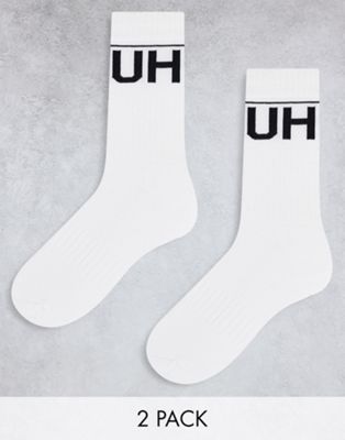HUGO bodywear 2 pack ribbed reverse logo crew socks in white