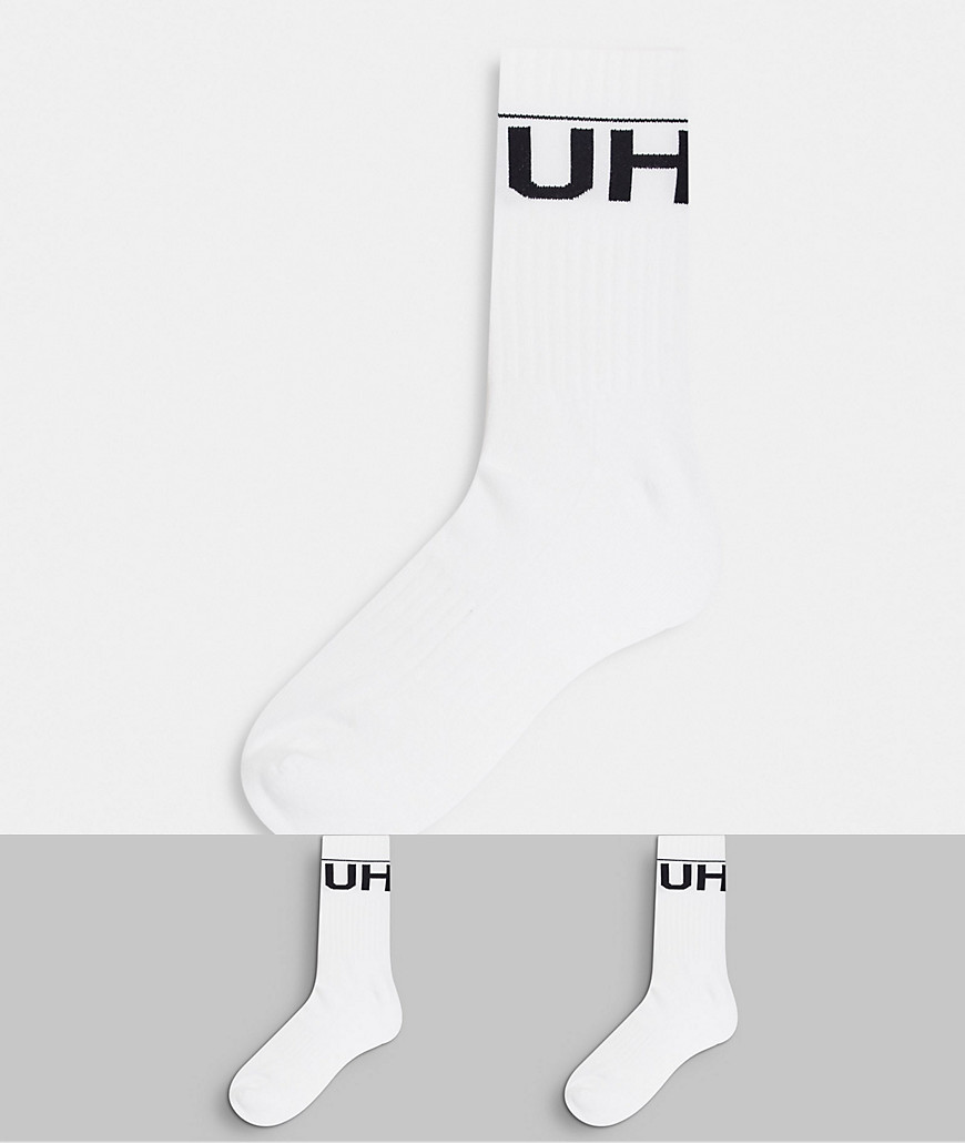 HUGO Bodywear 2 pack ribbed reversed large logo sport socks in white