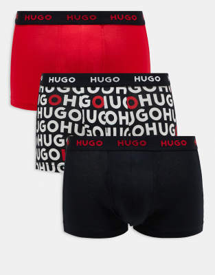 HUGO Bodywear 3-pack briefs in black and red with design print