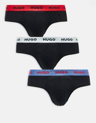 HUGO Bodywear 3-pack hip briefs in black with contrast waistbands