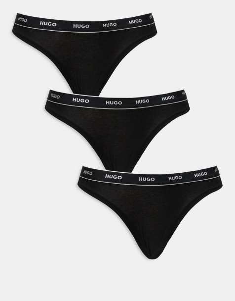 HUGO Bodywear 3 pack lingerie thongs in black with logo waistband - view 1