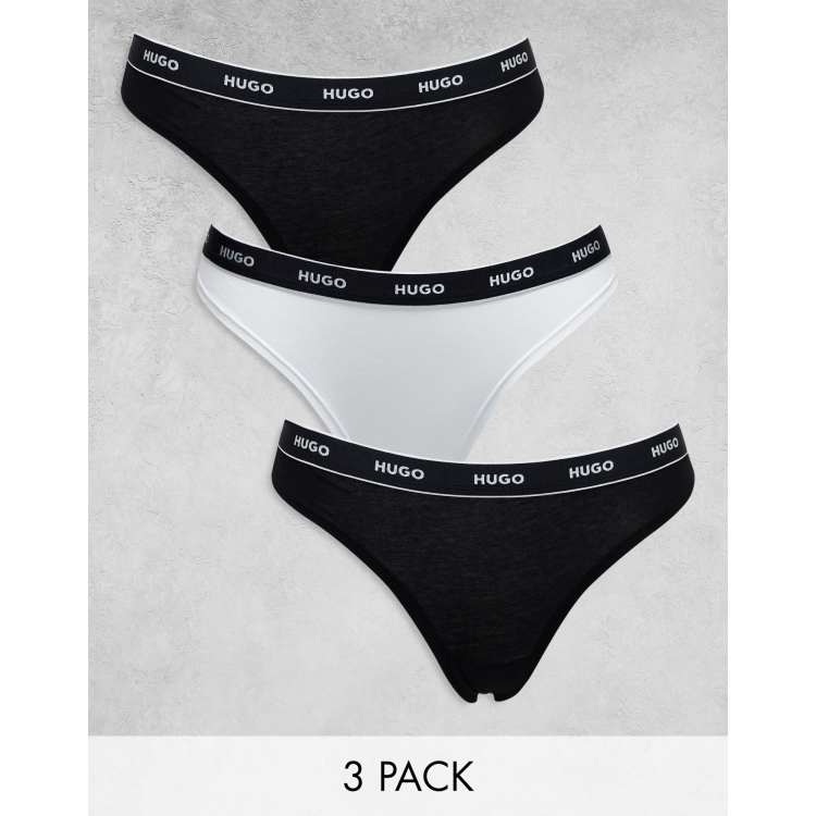 HUGO Bodywear 3-pack sporty ribbed high waist thong in multi with logo print