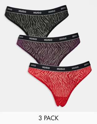 HUGO Bodywear 3 pack thongs in black and red lace-Multi