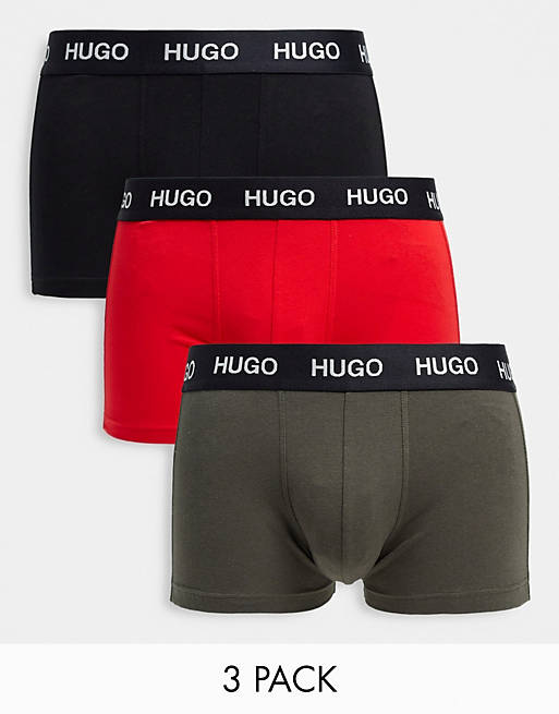 HUGO Bodywear 3 pack trunks in black/ khaki/ red