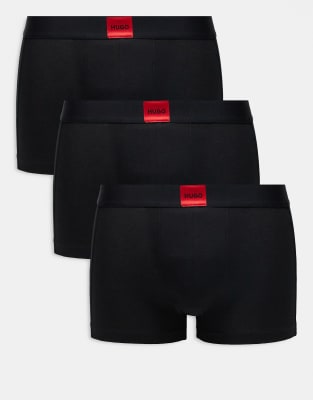 HUGO Bodywear 3-pack trunks in black with front red label logo