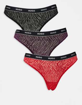 HUGO - Bodywear - 3er-Pack Tangas aus Spitze in Schwarz und Rot-Bunt