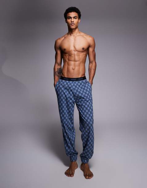 HUGO Bodywear check printed Aaron trackies in dark blue - view 1