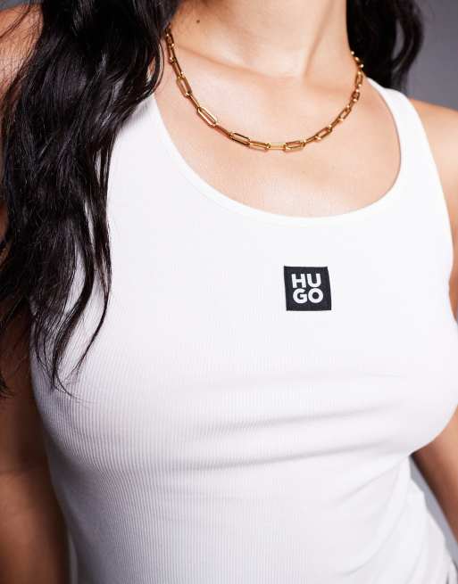 HUGO Bodywear co-ord ribbed racer vest in off white, 3 of 4