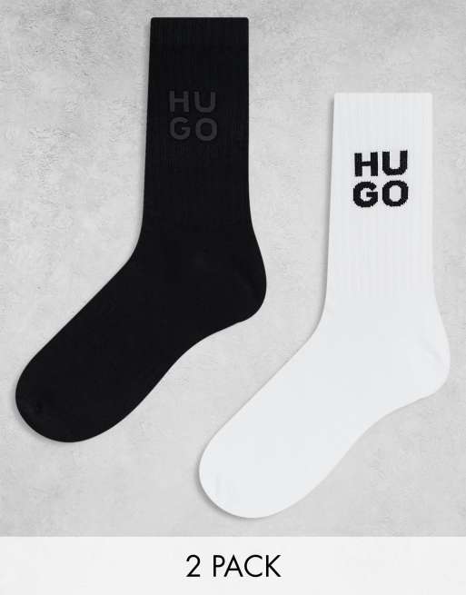 HUGO Bodywear - Confezione da 2 paia di calzini bianchi e neri con logo e bordo a coste