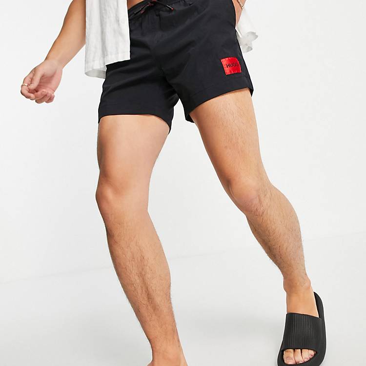 HUGO Bodywear Dominica contrast box logo swim shorts in black | ASOS