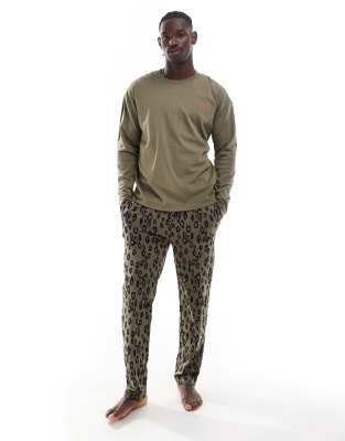 BOSS Bodywear HUGO Bodywear long sleeve loungewear set in green with animal print