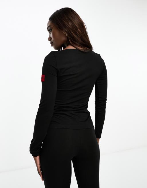 HUGO Bodywear long sleeve thermal top in black with logo print