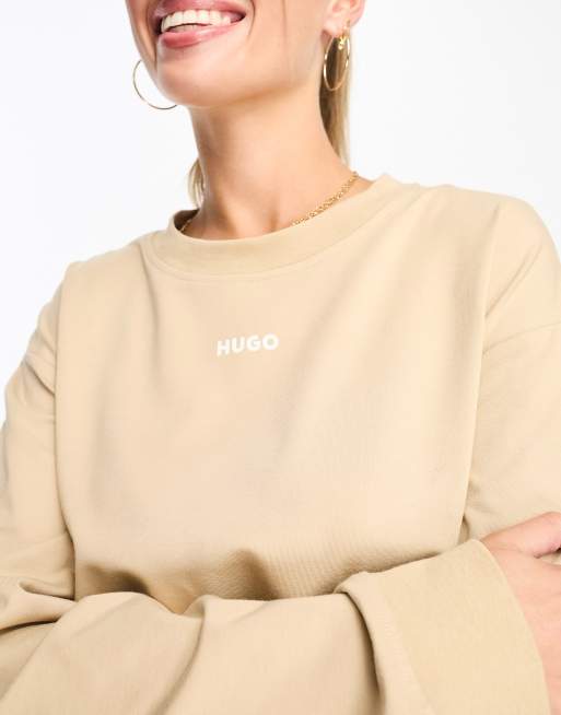 HUGO Bodywear lounge sweat in beige with logo print, 3 of 4