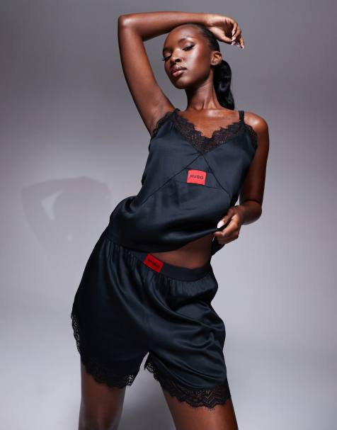HUGO Bodywear satin lace trim co-ord pyjama short in black - view 1