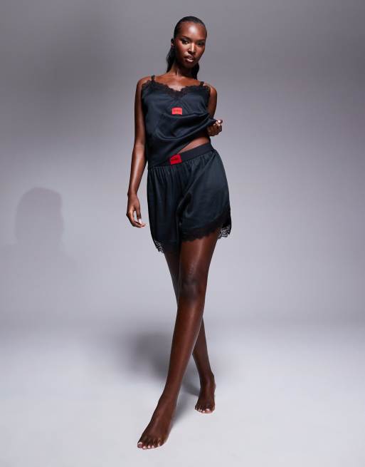 HUGO Bodywear satin lace trim pajama short in black - part of a set