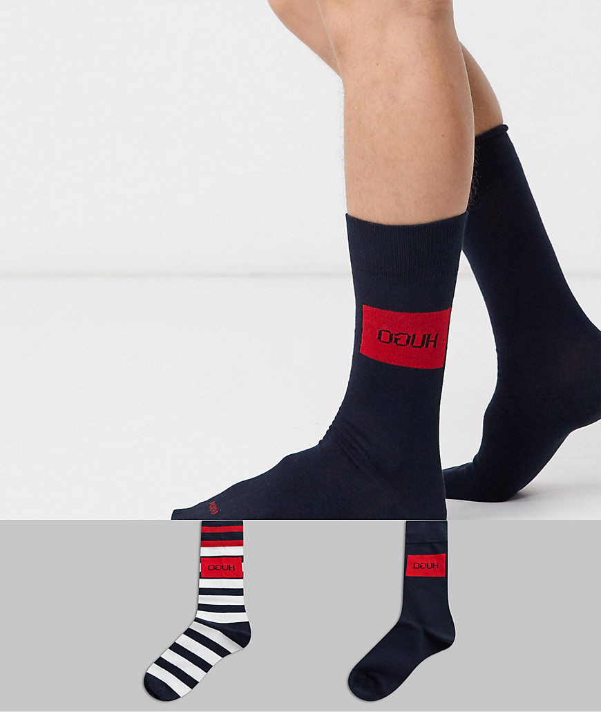 HUGO - Bodywear - Set van 2 paar gestreepte sokken met logo in marineblauw