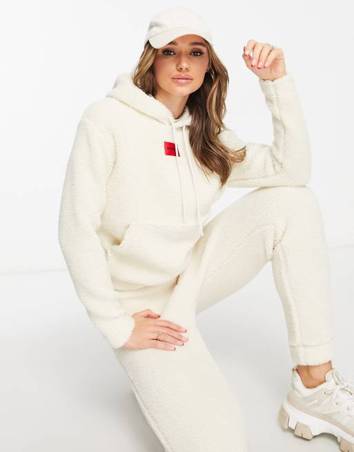 HUGO Bodywear teddy hoodie in off white