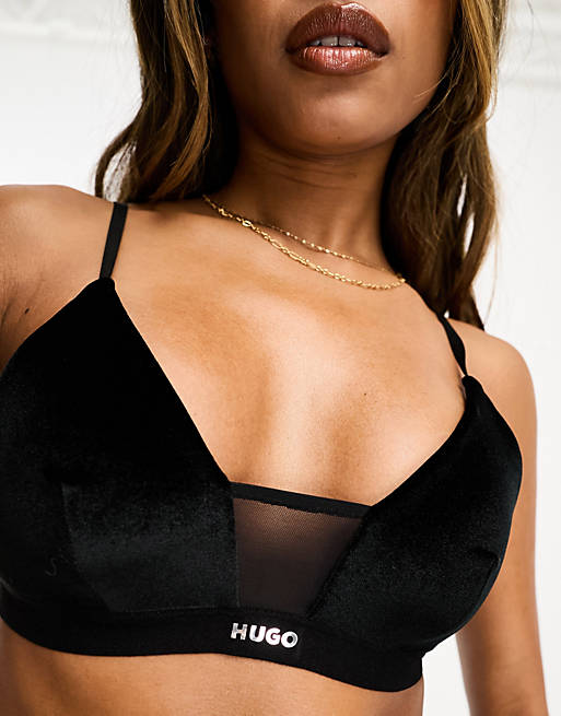 HUGO Bodywear velvet bralette in black with logo print | ASOS