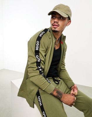 HUGO Bodywear zip through jacket with taped branding in khaki - ASOS Price Checker