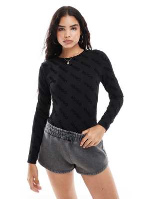 Hugo Red HUGO Bodywear vlocky bodysuit in black with all over velvet logo