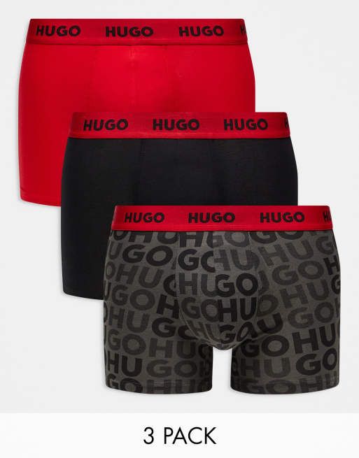 HUGO Bodywear – Zestaw 3 par ciemnoszarych bokserek z czerwoną talią