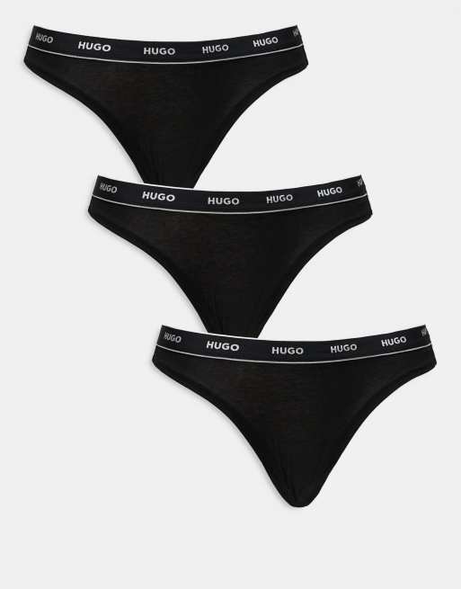 HUGO Bodywear – Zestaw 3 par czarnych stringów z logo w talii