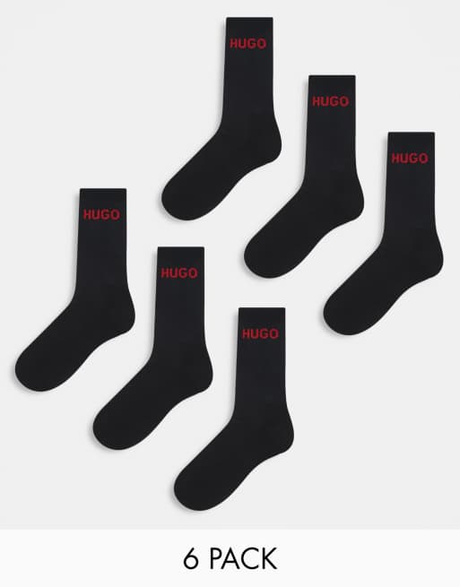 HUGO Bodywear – Zestaw 6 par prążkowanych czarnych skarpetek z logo