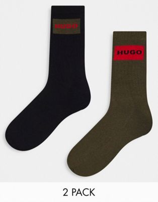 HUGO Bodywear2 pack ribbed crew socks in khaki and black