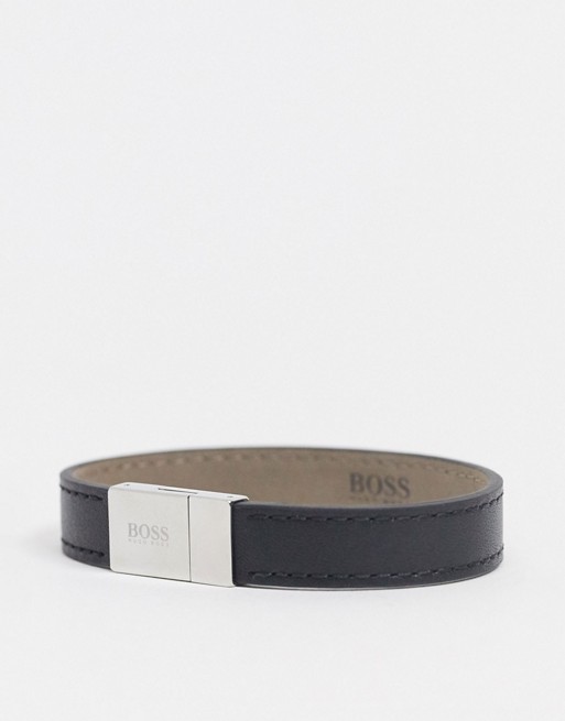 Hugo Boss black leather bracelet with silver clasp