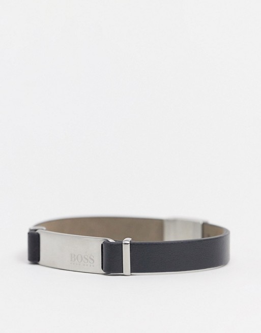 Hugo Boss black leather bracelet with silver fastening and ID tag