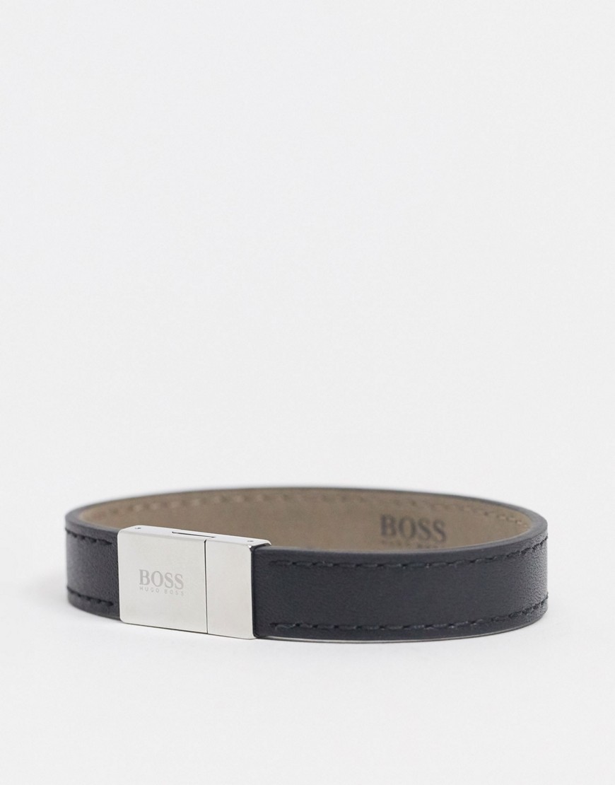 Hugo Boss Black – Svart armband i läder med silverfärgat spänne