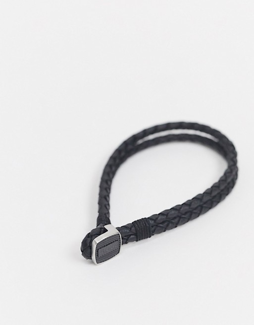 BOSS braided leather bracelet in black with metal clasp